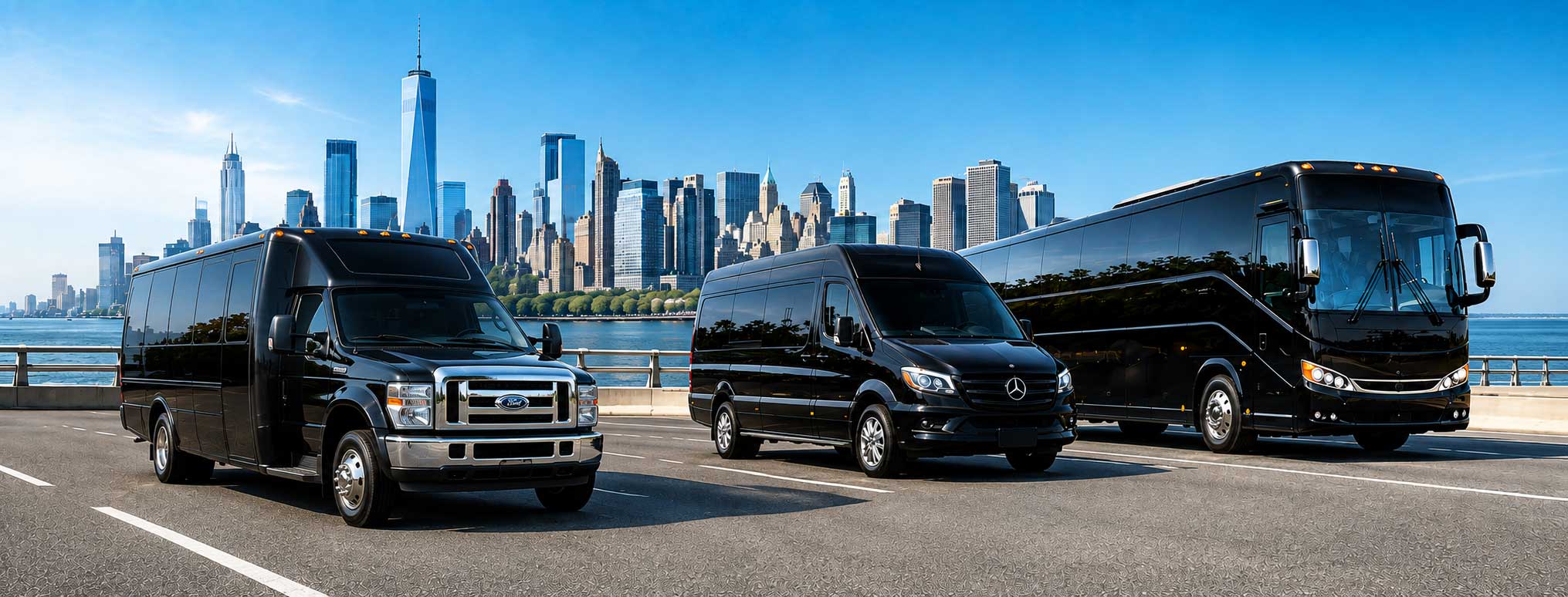 New York Bus Company luxury bus and van fleet on the Hudson waterfront