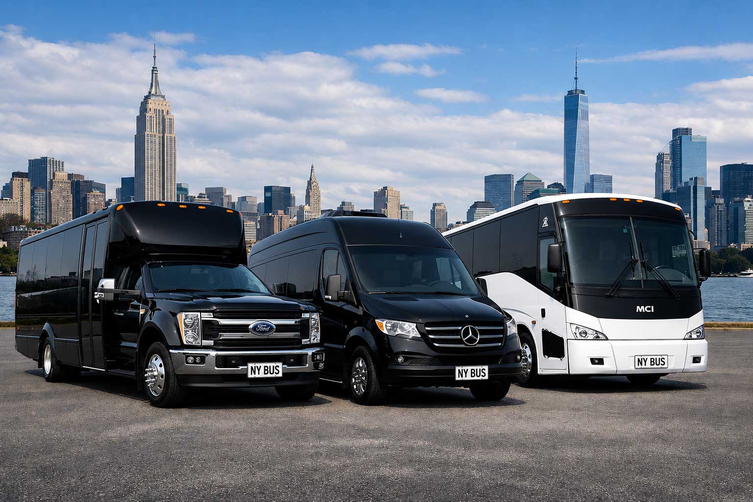 A New York Bus Company minibus, sprinter van and motor coach with the New York City skyline
