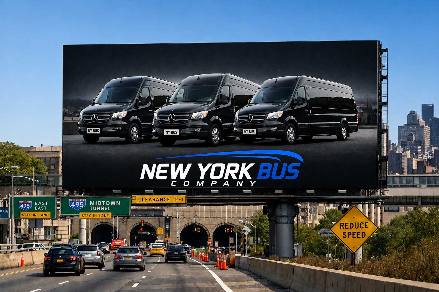 New York Bus Company billboard above the Midtown Tunnel approach