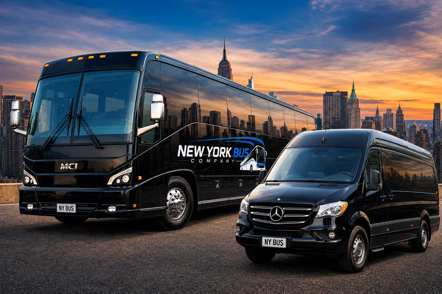 A New York Bus Company motor coach and sprinter van with the Manhattan skyline at sunset