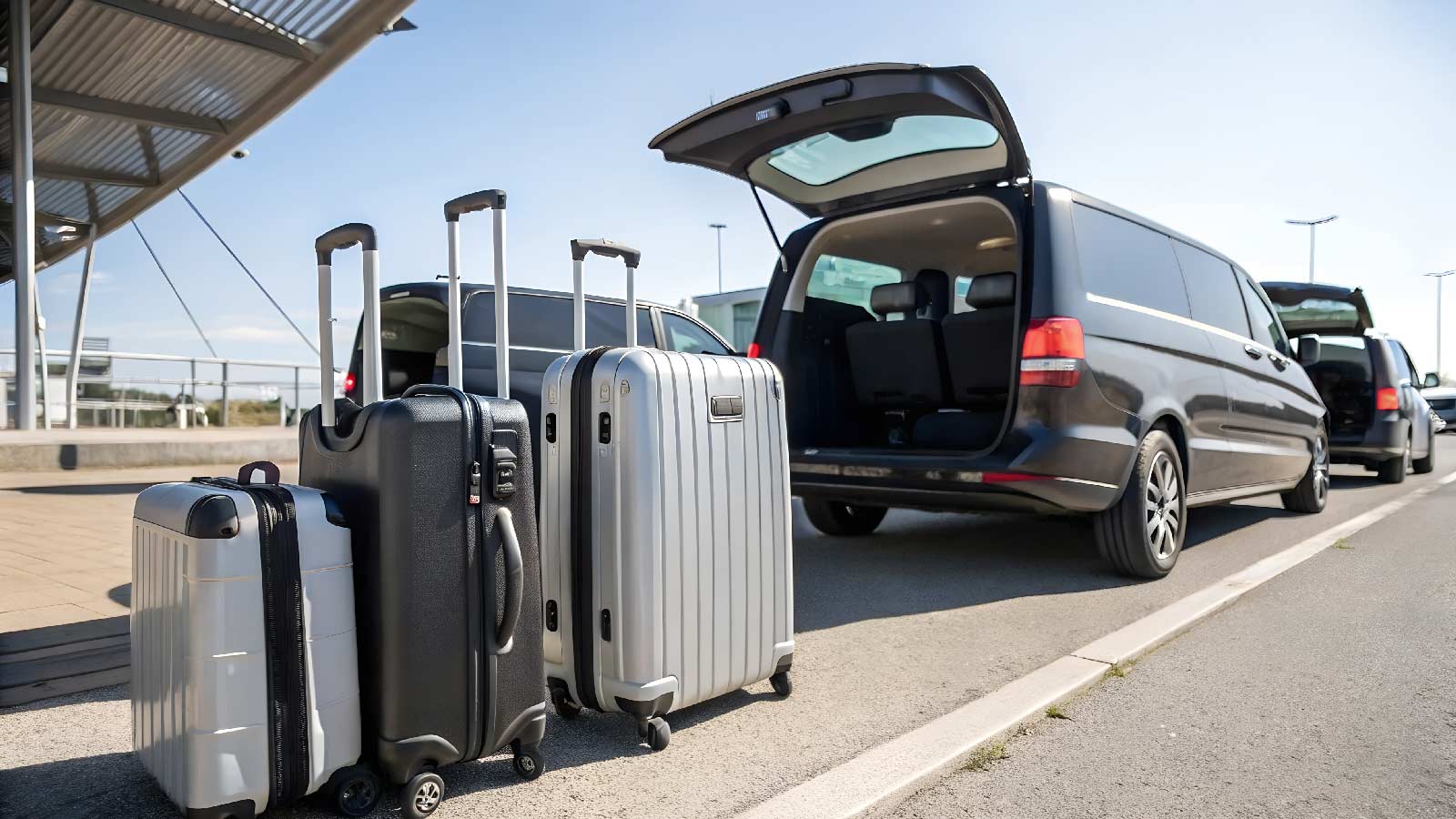 Passenger vans loaded with luggage for a group transfer